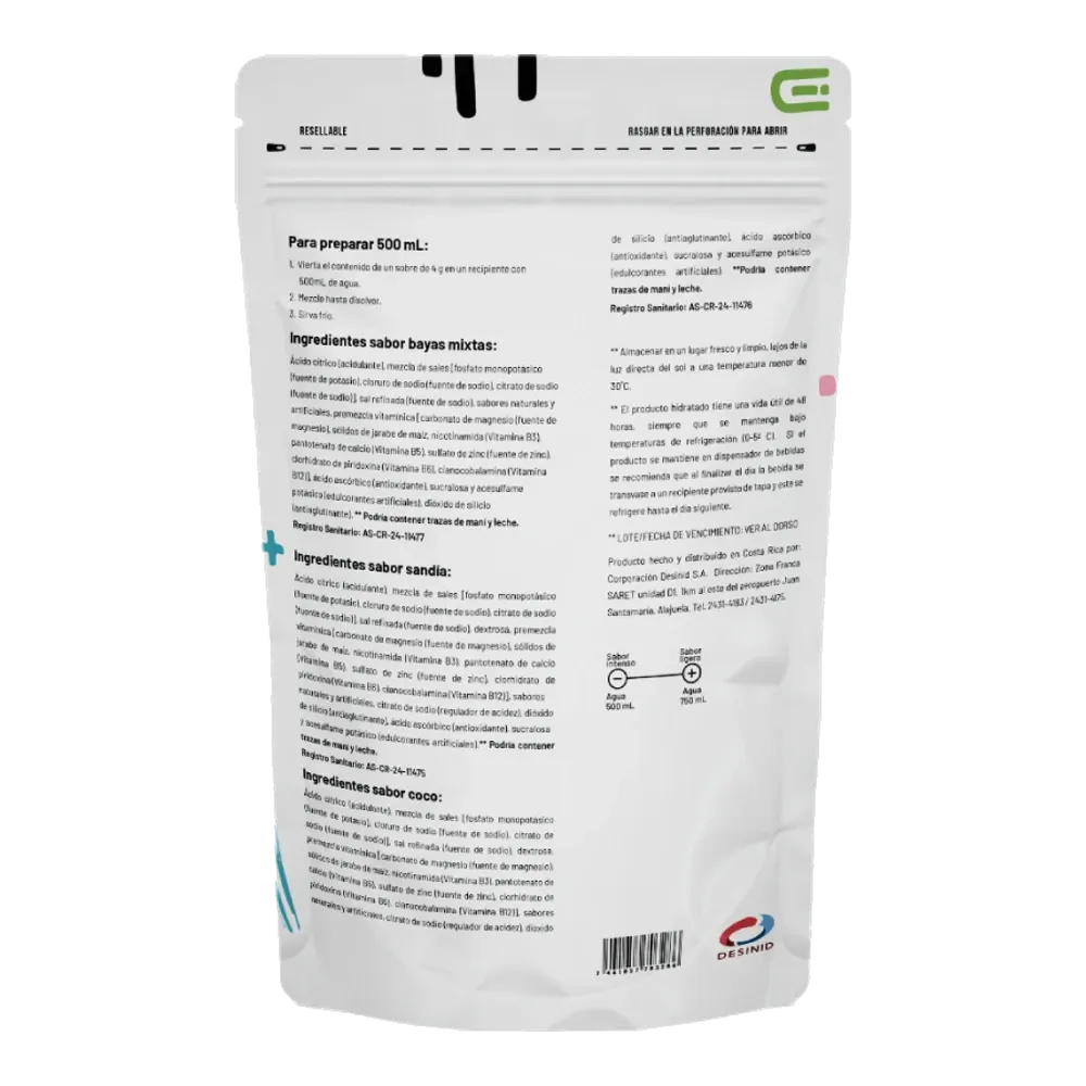 GLU Mix 3 sabores, reverso del empaque